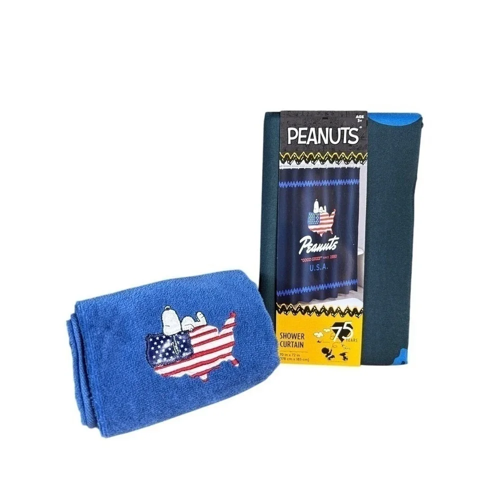 Peanuts Blue Snoopy Patriotic America Shower Curtain Embroidered Hand Towel NEW